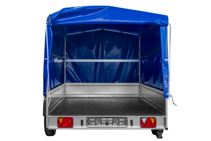 Autotransportanhänger auf Federn 264x150 UNITRAILER GARDEN 265/R KIPP mit H-1100 Rahmen und blauer Plane