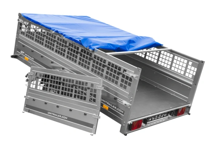 Leichter Anhänger auf Blattedern 264x150 UNITRAILER GARDEN 265/R KIPP mit Gitterwänden, H-0-Rahmen und blauer Plane