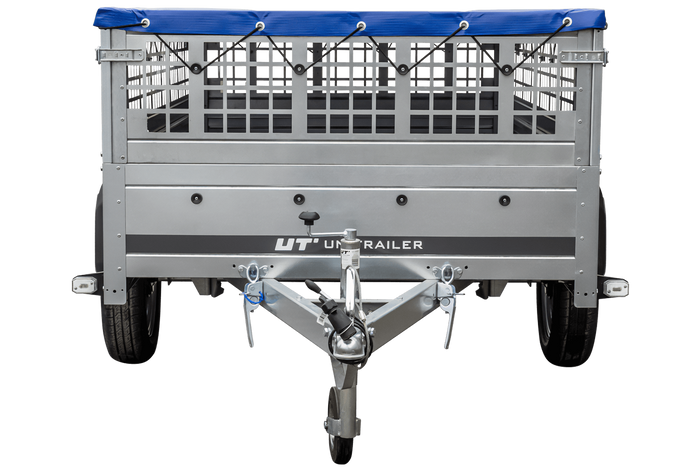 PKW-Anhänger 230x125 UNITRAILER GARDEN 230 KIPP mit Gitterbordwänden und blauer Plane