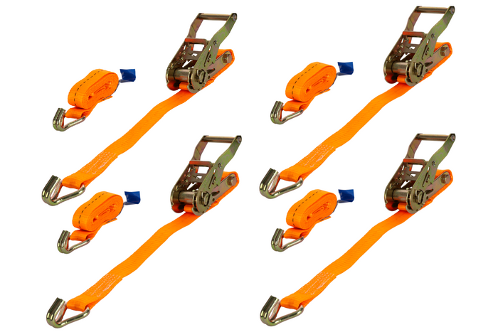 Satz aus vier orangefarbenen UNITRAILER-Transportgurten (2 m/25 mm/1 t) mit Spannvorrichtung