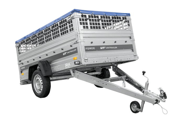 Einachsanhänger 230x125 UNITRAILER FORCE 230 KIPP mit Gitterseitenwänden, H-0-Rahmen und blauer Plane