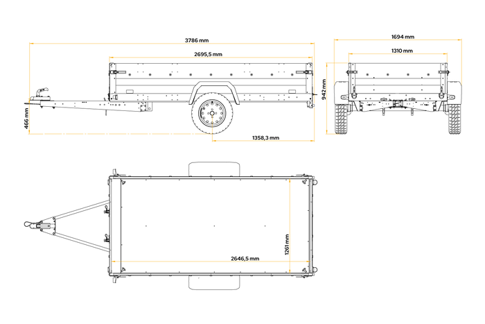 Einachsanhänger 264x125 UNITRAILER FORCE 264 KIPP mit Gitterwänden, H-0-Rahmen und grauer Plane
