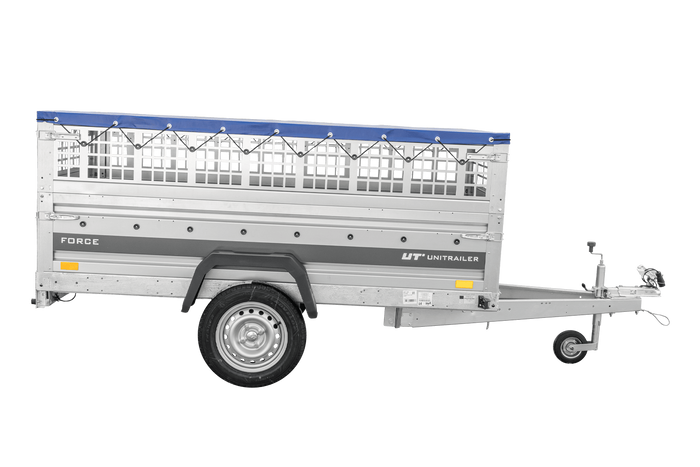 Einachsanhänger 230x125 UNITRAILER FORCE 230 KIPP mit Gitterseitenwänden, H-0-Rahmen und blauer Plane