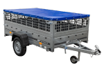 Leichter Anhänger auf Blattfedern 230x125 UNITRAILER GARDEN 230/R KIPP mit Gitterwänden, H-0-Rahmen und blauer Plane