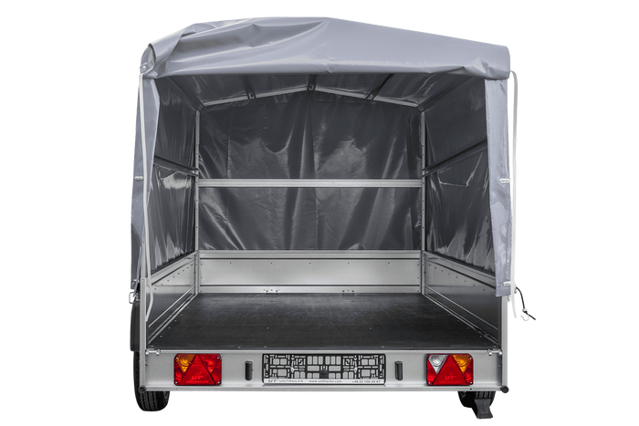 Autotransportanhänger auf Federn 264x150 UNITRAILER GARDEN 265/R KIPP mit H-1100 Rahmen und grauer Plane