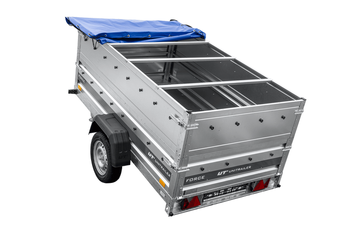 Leichter Anhänger 230x125 UNITRAILER FORCE 230 KIPP mit BIS-Seitenwänden, H-0-Rahmen und blauer Plane