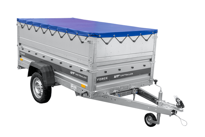 Leichter Anhänger 230x125 UNITRAILER FORCE 230 KIPP mit BIS-Seitenwänden, H-0-Rahmen und blauer Plane