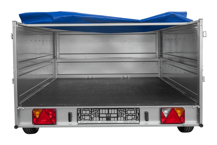 Autotransportanhänger auf Blattfedern 264x150 UNITRAILER GARDEN 265/R KIPP mit BIS-Seitenwänden, H-0-Rahmen und blauer Plane