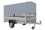 Autotransportanhänger auf Blattfedern 264x125 UNITRAILER GARDEN 264/R KIPP mit Gitterwänden, H-800 Rahmen und grauer Plane