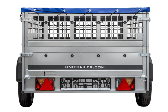 Leichter Anhänger auf Blattfedern 230x125 UNITRAILER GARDEN 230/R KIPP mit Gitterwänden, H-0-Rahmen und blauer Plane
