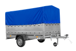 Einachsiger Anhänger auf Blattfedern 264x150 UNITRAILER GARDEN 265/R KIPP mit BIS-Seitenwänden, H-800-Rahmen und blauer Plane