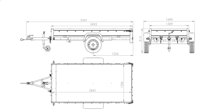 Autotransportanhänger auf Blattfedern 264x125 UNITRAILER GARDEN 264/R KIPP mit Gitterwänden, H-800 Rahmen und grauer Plane